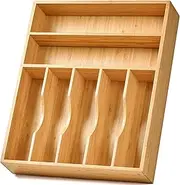 Kitchen Drawer Organizer, 13 Inch Silverware Utensil Tray Holder, Extra Deep, with Non-Slip Feet & Grooved Drawer Divider, 7 Slots Total Bamboo Wood Caddy for Flatware Cutlery Knives, Forks, Spoons