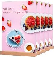 GUOKOFF A5 Acrylic Sign Holder, 5 Pack Table Menu Holders, T- Shape A5 Table Stands, Vertical Poster Holder A5 Sign Display Stands Wooden Base for Restaurant Hotel Company