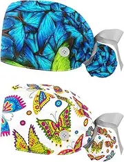 [WOSHJIUK] Working Hat 2 Pack Scrub Caps for Women,Butterfly Green and Blue,Tie Back Cap Adjustable Scrub Hat