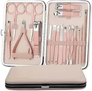 lskdnrufh Nail Clipper Set 18 In 1 Stainless Steel Pedicure Care Grooming Kit with Splash Proof Nail Clipper Travel Manicure Set with Pink Case, Professional Nail Clipper Set Manicure Set