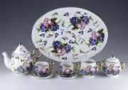 Porcelain 10 Piece Miniature Sweet Pea Flowers Tea Set Teapot Creamer Sugar Cups
