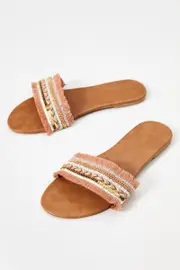 Multi Colour Boho Fringe Flat Slides