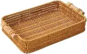 Handmade Woven Rattan Storage Tray Square Wicker Basket Wooden Handle Bread Food Tray