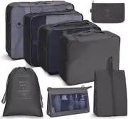 8 Set Packing Cubes with Shoe Bag Travel Luggage Organizer for Suitcase Clothes Storage Bag,Black