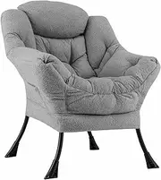 Costway Large Lazy Chair, Sherpa Upholstered Accent Chair with Cozy Head Pillow, Stylish Tufted Back & Seat, Armrests, Storage Pocket, Sofa Chair for Living Room, Bedroom, Home Office (Grey)