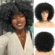 Afro Wig, Soft Afro Wig 70s For Women Afro Kinky Curly Hair Wigs With Bangs Natural Looking Short Afro Curly Wig