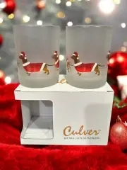 Culver Beach Dachshund “Santa Dogs” Frosted Double Old Fashion Glasses Set Of 2