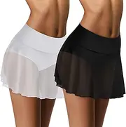 [Hercicy] 2 Pieces Women Sheer Mesh Mini Skirts Girls See Through Swim Cover Ups Swimsuit Beach Skirt Cover up High Waist Bikini Coverups for Summer, Black, White and Light Blue, Medium