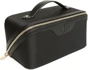 [Alice Wheeler] LTC Luxury Train Case, Black Leather with Gold Zipper, Travel Cosmetic Bag, Teal, Train Case