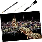 OHPHCALL 1 Set DIY Scratch Painting Night View Scratching Drawing Kit with Bamboo Stick Gold Plated Pen Brush Create Stunning Art of Cologne Cathedral for Home Decor