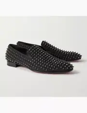 CHRISTIAN LOUBOUTIN Dandelion Spikes black knitted canvas loafer shoes 8 41