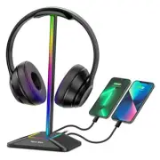 RGB Headphone Stand with 1 USB-C Charging Port and 1 USB Charging Port, Desk