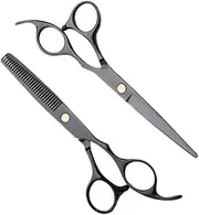MERRYHAPY 2pcs Professional Hair Cutting Scissors Barbers Shears for Home Use Straight Thinning Scissors Durable Black Design Hair Styling Tools for Men Women Pets