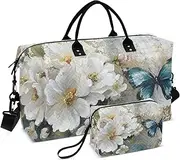 [ZRYSMY] Butterfly Florals White Retro Duffel Bag for Traveling, Travel Bag Gym Bag, with Multiple Interior Pockets Shoulder Weekender Bag for Women Men with Toiletry Bag 20.5L x 1.9W x 13.8H