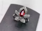 3.00 CT Pear Cut Simulated Ruby Women's Lotus Shape Ring 14K White Gold Plated