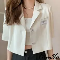 在飛比找momo購物網優惠-【HanVo】現貨 韓系小姐姐短版西裝外套(個性時髦百搭設計