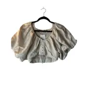 Luxxel Top Size Medium Beige Linen Rayon Button Puff Sleeve Cropped Bohemian