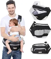 Baby Hip Carrier with Foldable Seat 180゜ Up-Down for Infant,Adjustable Straps Also as Waistband Extender,Huge Pockets,Ergonomic Waist Stool for Newborn to Toddlers Gift All-Seasons (Black)