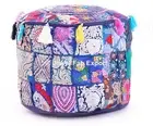 Indian Patchwork Blue Pouf Cover Bean Bag Ottoman Ethnic Round Foot Stool Cover