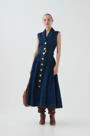 Elena Belted Denim Midi Dress