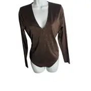 Abercrombie & Fitch NWT Long Sleeve V Neck Sparkle Copper Shimmer Bodysuit Top L