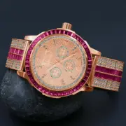 Rose Gold Real Diamond Dial Pink Tourmaline Custom Solid Steel Bezel Watch Band