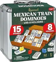 Queensell Mexican Train Dominoes Set Double 15 with 8 Holders, Dominoes Set for Adults and Family, Mexican Train Double 15 Dominoes Set Colored Dot and 8 Holders