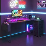 Advwin 160cm L Shaped Gaming Desk w/ LED Lights & Power Outlets Convertible Computer Desk w/ Monitor Stand & Drawer Black