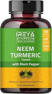 Ireya Ayurveda Neem Turmeric Capsules With Black Pepper Neem Herbal Supplement, Herbal Cleanser 90 count Pack of 1