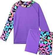 [HUAANIUE] Girls 2PCS Longsleeve Swimsuit Sunsafe Swimwear Kids Summmer Print Flower Swim Sets Sun Protection UPF 50+ Swimming Costume for Girl 3-11Y