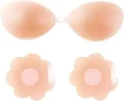 [DiiWmme] Adhesive Bra Invisible Bra Strapless Push Up Ultra Thin Reusable Silicone Bra with Floral Nipple Patches Suitable for Evening Dresses, Wedding Dresses Halterneck Straps, Backless Design, Natural skin