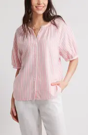 caslon(r) Stripe Linen Blend Puff Sleeve Top in Pink- White Brianne Stripe at Nordstrom, Size Large