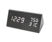F14 Creative Triangle Voice Control Desktop Night Light Digital Electronic Alarm Clock Led Wood Clock Temperature and Humidity