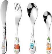 4Pcs Animal Kids Cutlery Set, Cute Toddler Cutlery Kit, 304 Stainless Steel Cutlery Set Easy-to-Use Toddler Utensils Food-Grade Children Forks and Spoons Flatware for Little Kids