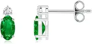 [Angara] Natural Basket-Set Oval Emerald Stud Earrings with Diamond in Sterling Silver/10ct/14ct Solid Gold for Women | May Birthstone Jewellery