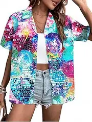 [UNIQUEONE] 80s 90s Outfits for Women Disco Outfit Neon Shirts Retro Themed Party Hawaiian Button Down Short Sleeve Blouse Tops