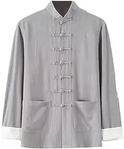 [NTWSHS] Chinese Clothing Cotton Linen Mens Kung Fu Uniforms Martial Arts Jacket Tang Suit Long Sleeved Coats Shirt,Chinese Traditional Clothes, Tai Chi Clothes Zen Meditation Uniform(Gray,Medium)
