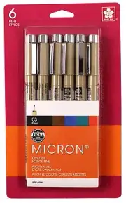 Sakura Pigma Micron Pens 03 .35mm 6/Pkg-Black, Blue, Red, Green, Sepia 50049