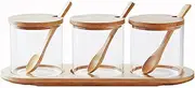 HONGCHU Condiment Containers with lids 3 pack Seasoning Box Condiment Pots Jars with Spoons Container for Spice Salt Sugar Cruet (bamboo 1set)