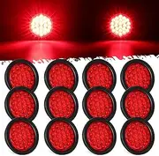 Partsam 12Pcs 4 Inch Round Led Trailer Tail Lights Kit Red 24 LED Waterproof 4" Brake Stop Turn Tail Marker Trailer Lights Sealed Flush Mount for Truck RV Boat UTE UTV 12V Grommet Plug Included
