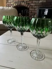 Ajka Castille Balloon Green Cut to Clear Crystal Wine Goblets Set of 3