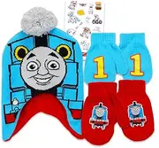 [THOMAS & FRIENDS] Thomas the Train Hat and Mittens Set - Bundle with Thomas and Friends Beanie with Ear Covers, Mittens, Stickers | Thomas the Train and Friends Winter Gear Gifts for Boys, Kids, Multicolor