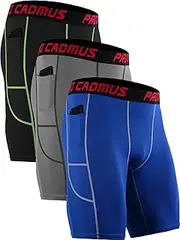 [Cadmus] 3 Pack Compression Shorts Men Sports Underwear Base Layer Spandex Cycling Shorts Running Workout Gym with Side Pockets