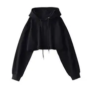 Drawstring Plain Crop Hoodie Black - S