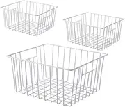 Upright Freezer Organizer Bins， Freezer Baskets for 14, 15 cu.ft Standup Freezer, Wire Storage Bins with Built-in Handles for Frozen Foods, Snacks, Vegetables, Fruits and More, 3Pcs , White