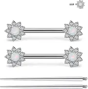 [Ruifan] Titanium Internally Threaded Nipple Piercing Jewelry Ring Jeweled CZ Opal Tongue Rings Straight Barbell Body Piercing Jewelry for Women Men 14G 14MM With Straight Piercing Taper