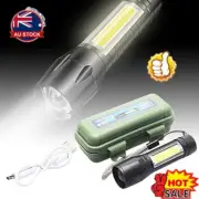 LED Torch USB Rechargeable Mini Flashlight Police Zoomable Camping Small VH