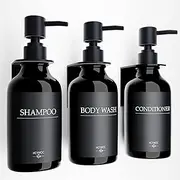 Soap Dispenser Wall Mounting, Shampoo Bottles for Filling with 16 Waterproof Labels, Washing Up Liquid Dispenser No Drilling, Bathroom Soap Dispenser Set, 500 ml, Pack of 3, Black