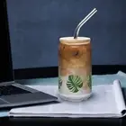 New Can-Shape Glass with Lid & Straw Durable Monstera Leaf Designed Hand Wash