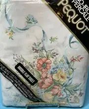 Vintage No Iron Percale PEQUOT Double Flat Sheet Floral Blue Rose White Sealed
